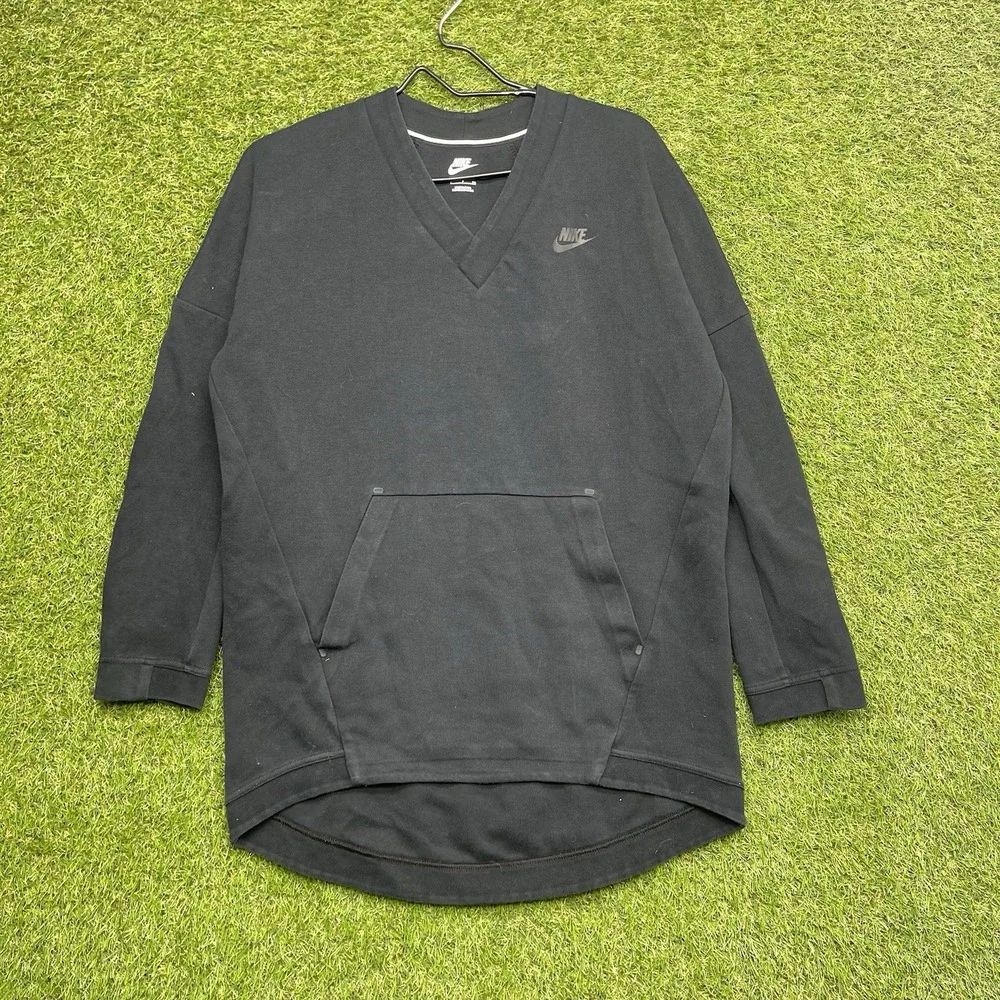 Nike Tech Fleece Sweatshirt Womens Small Black Athletic Crew Neck Long V Neck